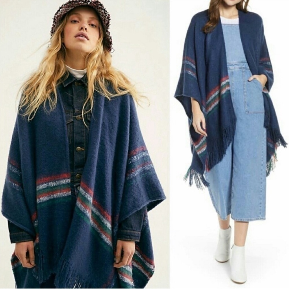 Free People Navy Ruana Fringe Poncho One Size